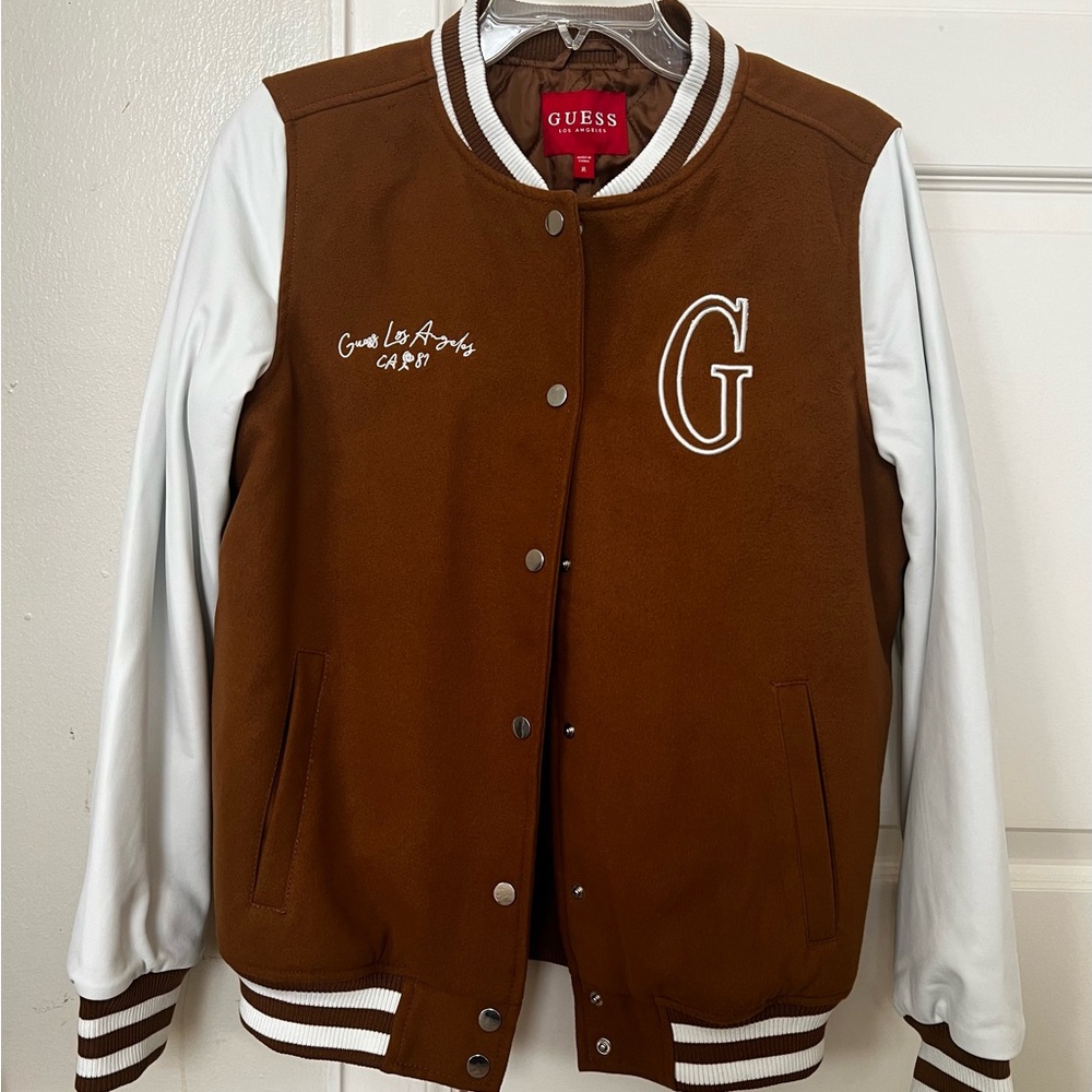 GUESS Brown and White Varsity Jacket